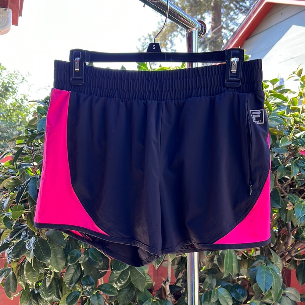 Fila Black and Pink Athletic Shorts with Elastic Waistband